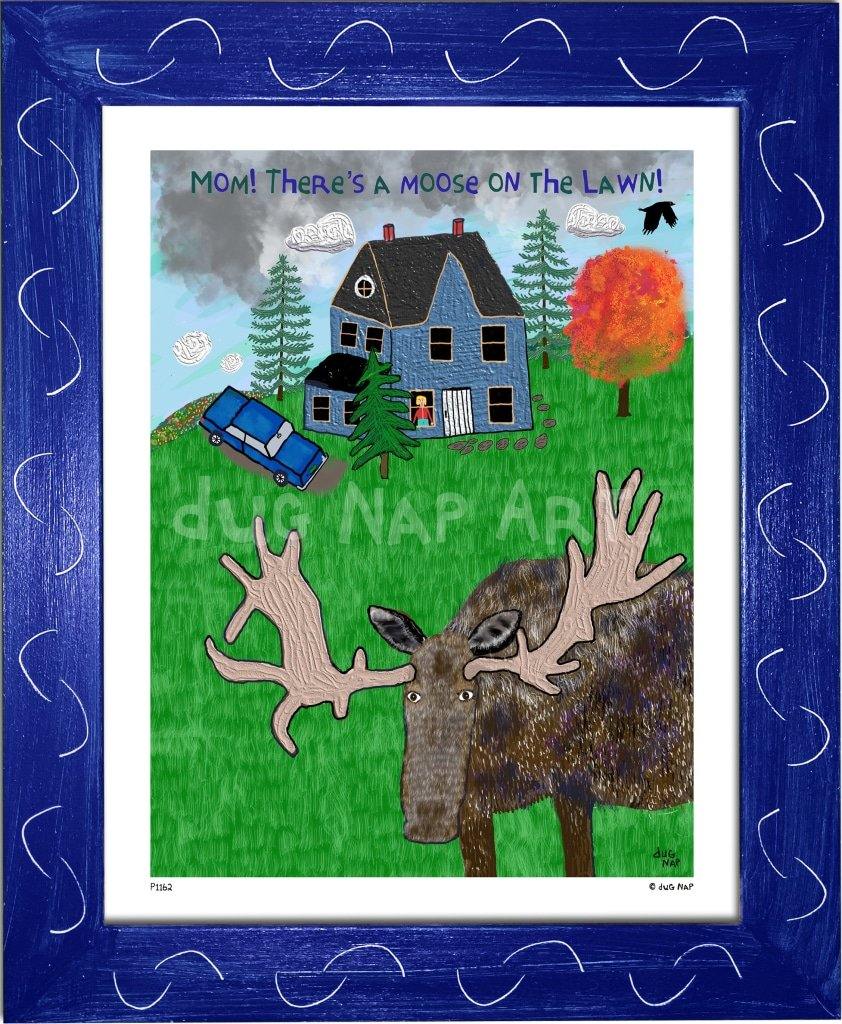 P1162 - Moose On The Lawn Framed Print / Small (8.5 X 11) Blue Art