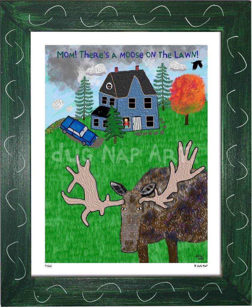 P1162 - Moose On The Lawn Framed Print / Small (8.5 X 11) Green Art
