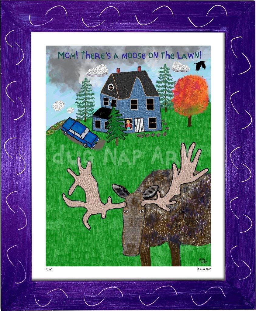 P1162 - Moose On The Lawn Framed Print / Small (8.5 X 11) Purple Art