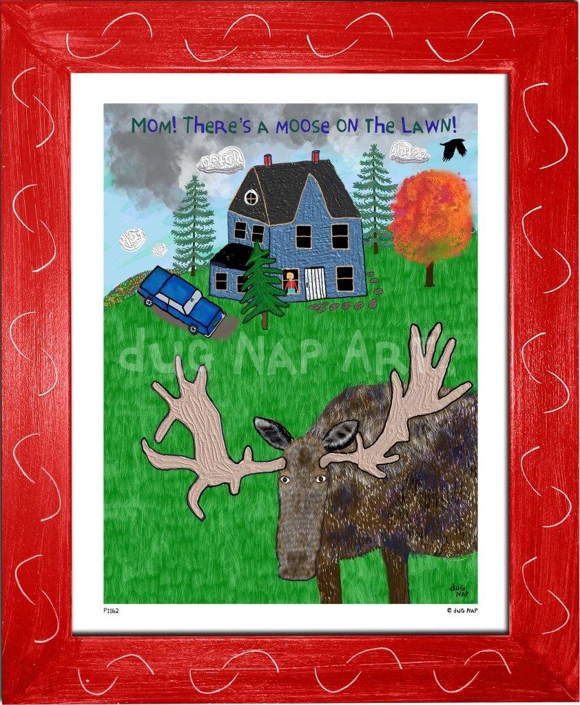 P1162 - Moose On The Lawn Framed Print / Small (8.5 X 11) Red Art