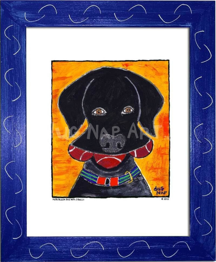 P676 - Black Dog w/ 3 Balls - dug Nap Art